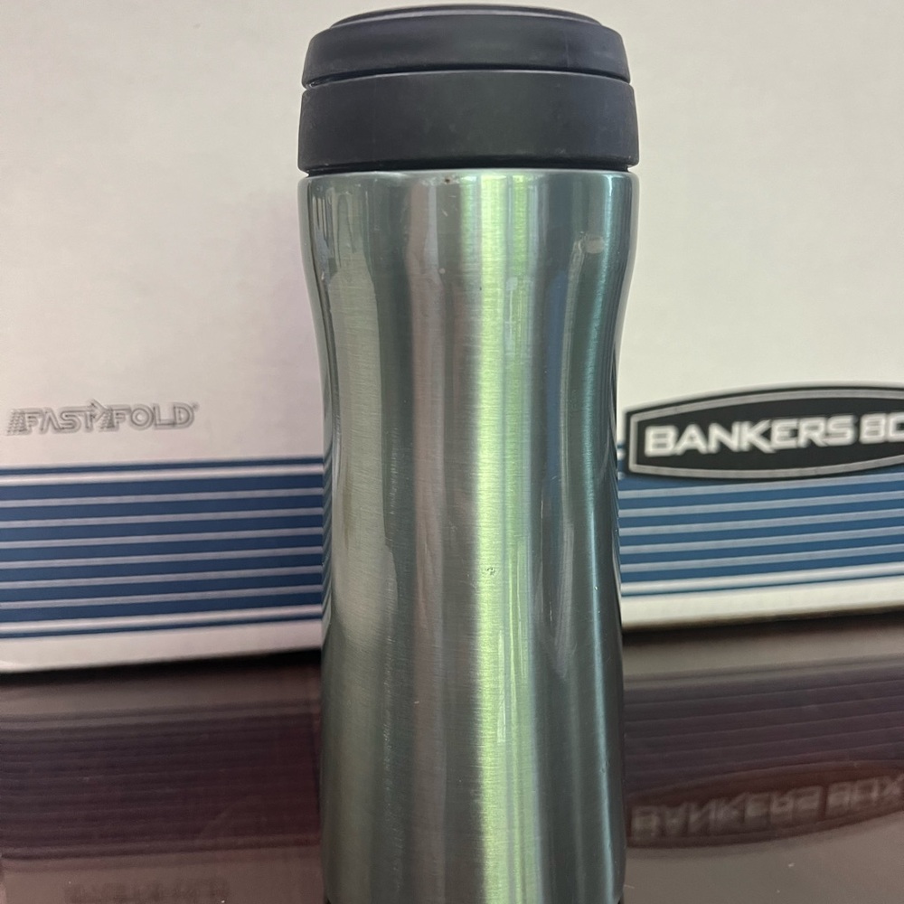 Stainless Steel TEA Travel Mug with Black Lid, loose or bag tea diffuser